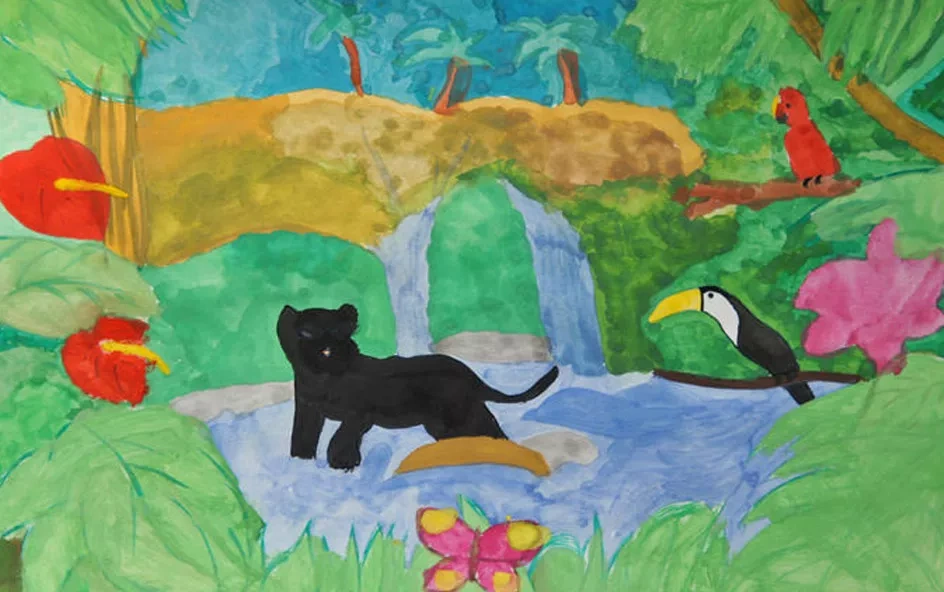 Schwarzer Panther mit Tuka-Vogel im Dschungel mit Aquarellfarben gemalt