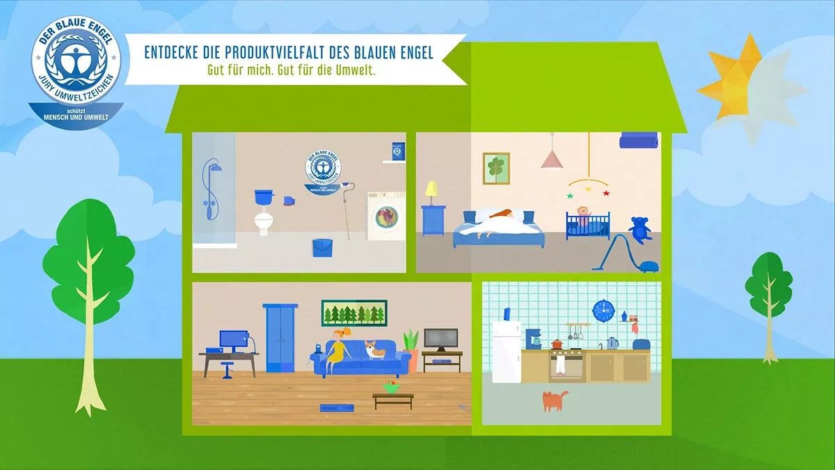 Illustration eines Hauses mit verschiedenen Wohnbereichen. Slogan: Entdecke die Produktvielfalt des Blauen Engel